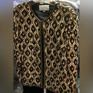 EUC vintage Gold 100% silk sequined beaded jacket